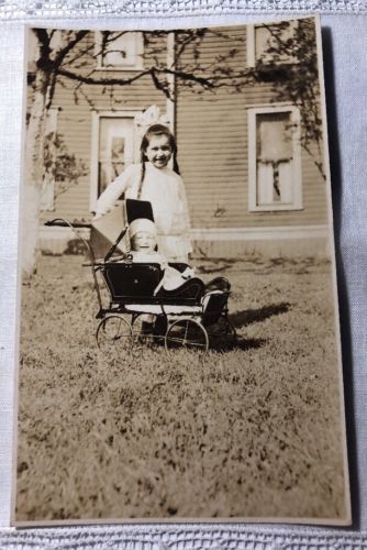 Vintage Real Photo PC RPPC Baby In Stroller Buggy Girl Big Bow H-114