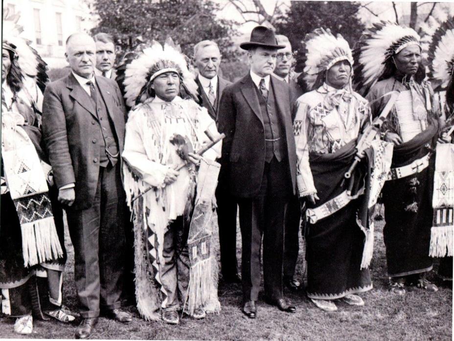 POSTCARD REPRODUCTION FROM OLD PHOTOGRAPH OF INDIAN MEETING AT WHITE HOUSE