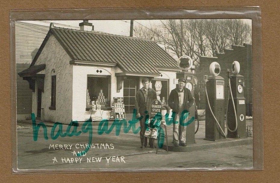RPPC 1938 Gas Station Attendants Phillips 66 Quaker State Eveready Prestone WOW!