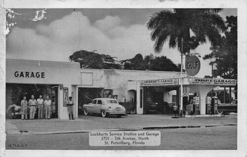 St Petersburg FL Gulf Service Station snd Garage Old Cars Mechanics Postcard