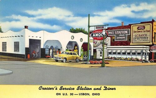 Lisbon OH U.S. 30 Crosser's Service Station & Diner Postcard