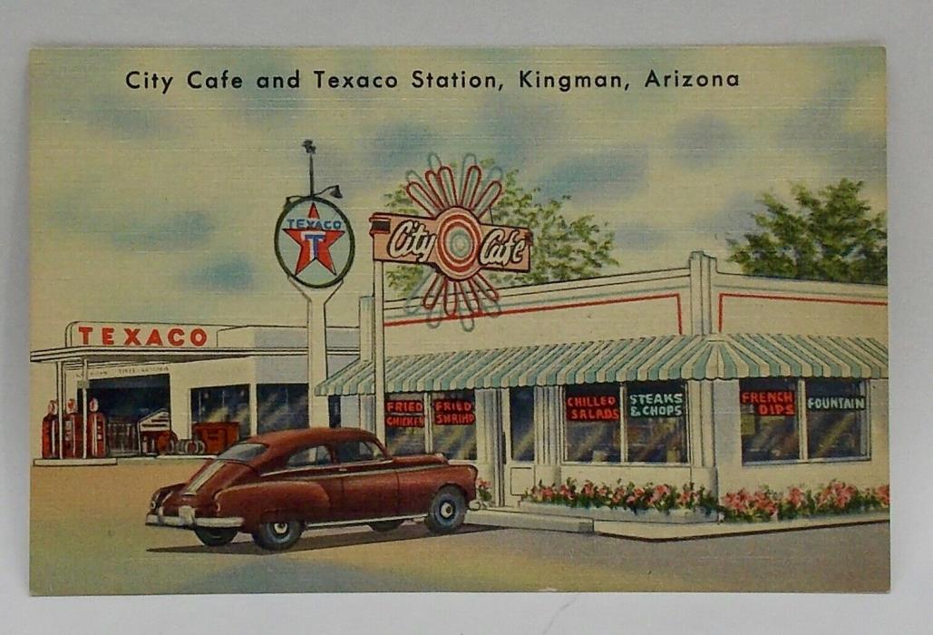 Route 66 Roadside Advertising Linen Postcard Unused, City Cafe and Texaco, AZ