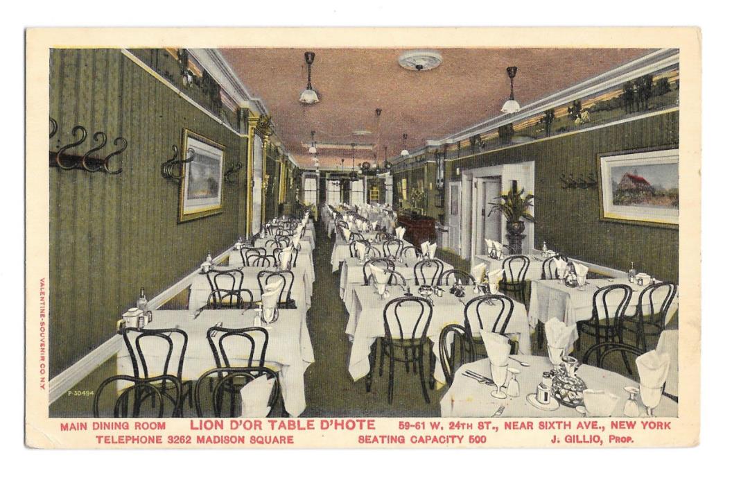 Lion D'Or Table D'Hote Hotel Dining Room New York City NY Vintage Postcard