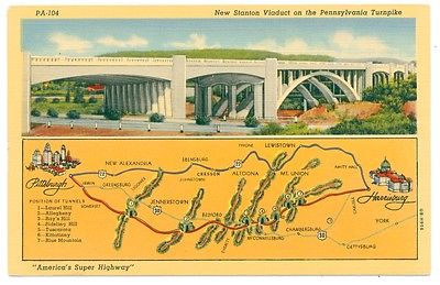 Pennsylvania Turnpike Vintage Linen Postcard New Stanton Viaduct MAP