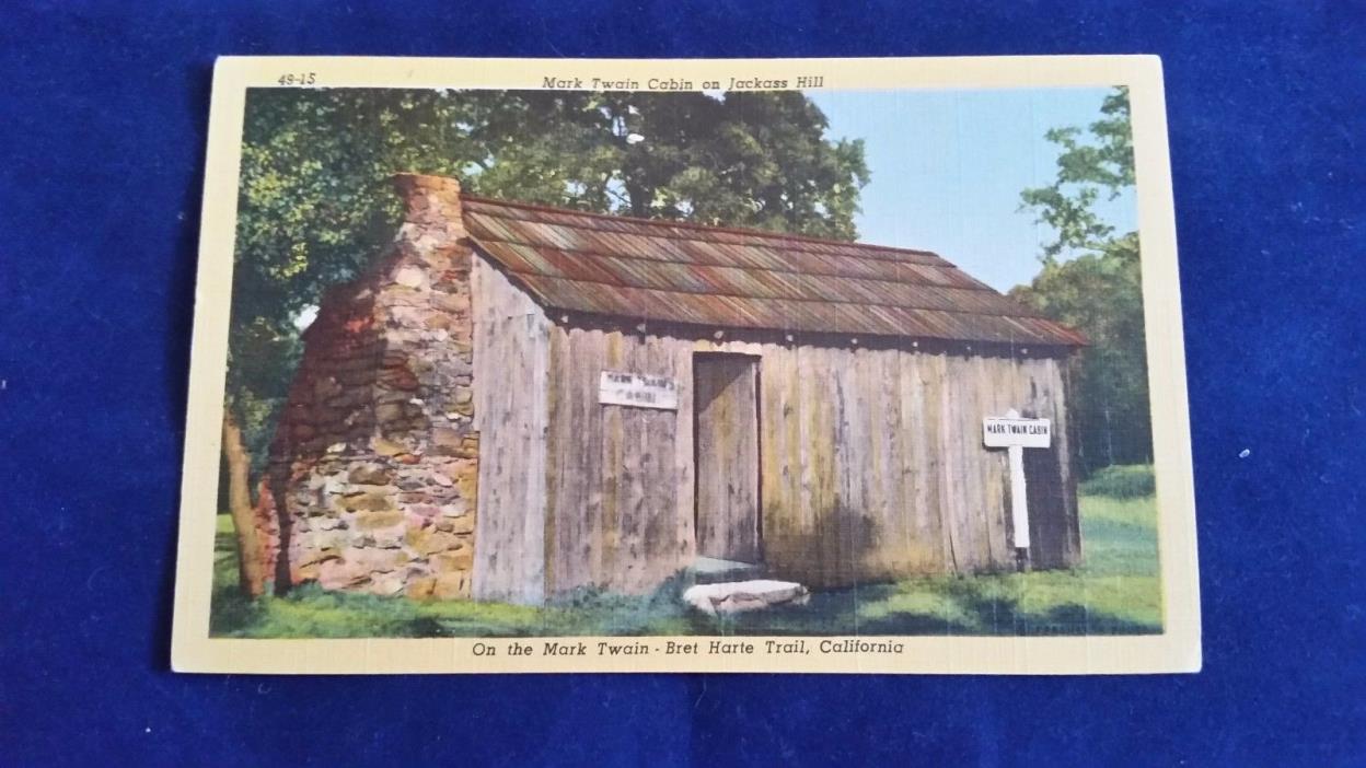 MARK TWAIN CABIN ON JACKASS HILL VINTAGE COLORED POSTCARDS.