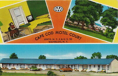 US NY Waterloo East Geneva c.1950 THE CAPE COD MOTOR COURT MOTEL Colorful!