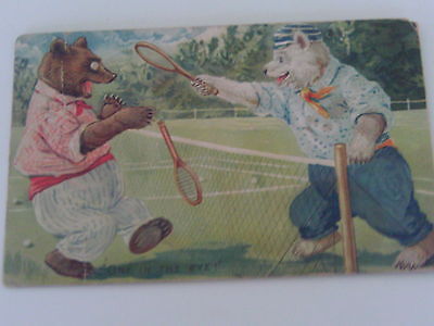 1909 TUCK EMBOSSED POSTCARD DRESSED BEARS PLAYING TENNIS GAME