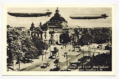 Early B/W Postcard LZ 129 Hindenburg and LZ 127 Graf Zeppelin over Frankfurt