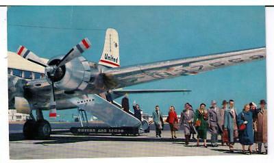 VINTAGE POST CARD-UNITED AIRLINES DC-6 UNLOADING ON TARMAC,