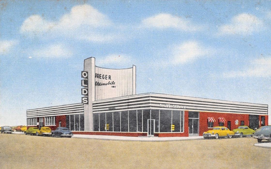 Milwaukee~Art Deco Bldg~Sign~Jaeger Oldsmobile Car Dealership~Late 1940s Linen