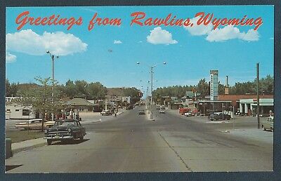 GREETINGS FROM RAWLINS WYOMING VINTAGE AUTOS POSTCARD