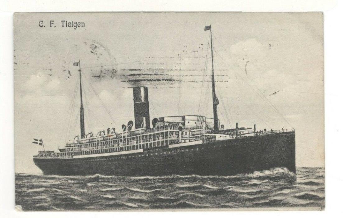 1909 Postcard: S/S C. F. Tietgen- Torpedoed on June 18, 1918 by German U-Boat