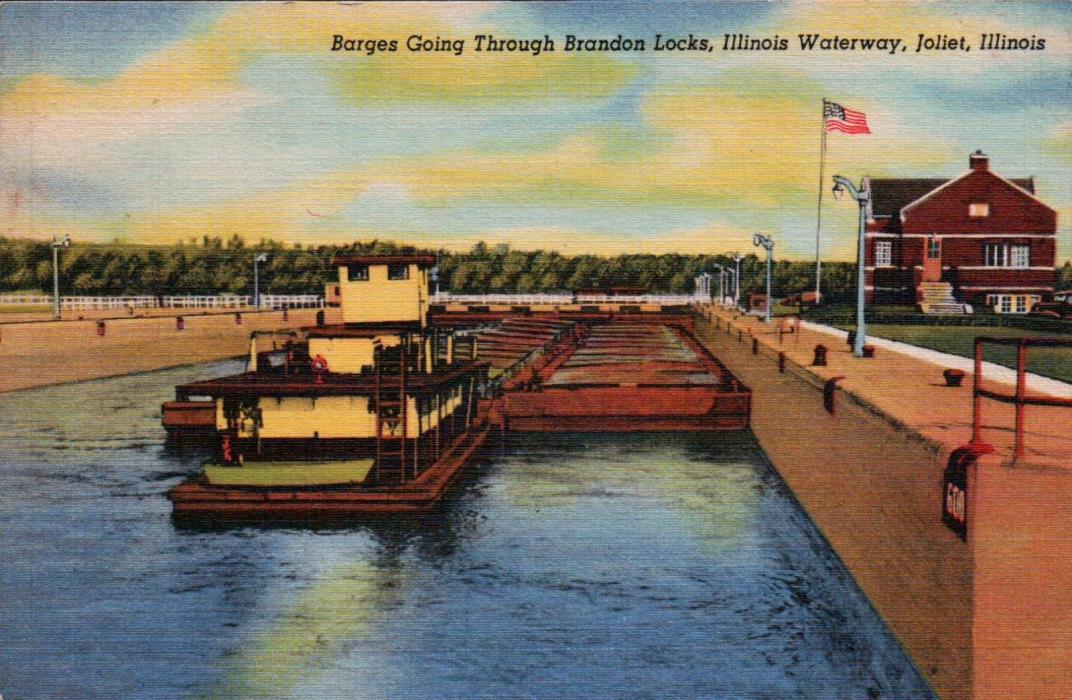 Barges Going Through Brandon Locks Illinois Waterway Joliet, IL Vintage Linen Pc