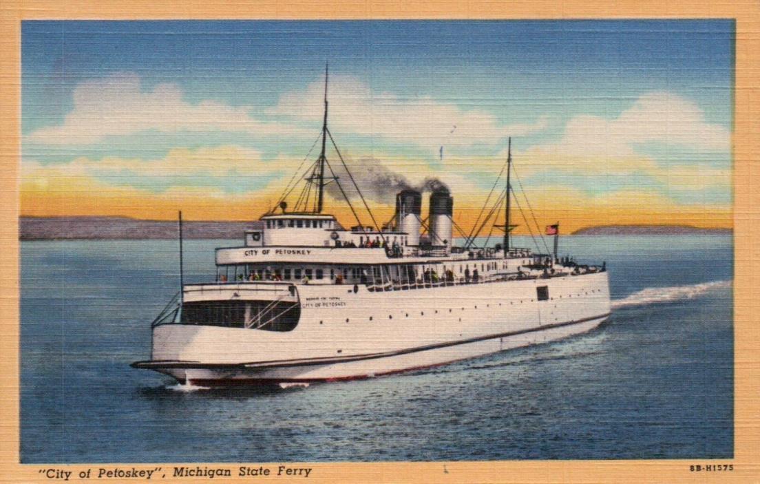 Unused Linen CITY OF PETOSKEY Michigan State Ferry Vintage Postcard