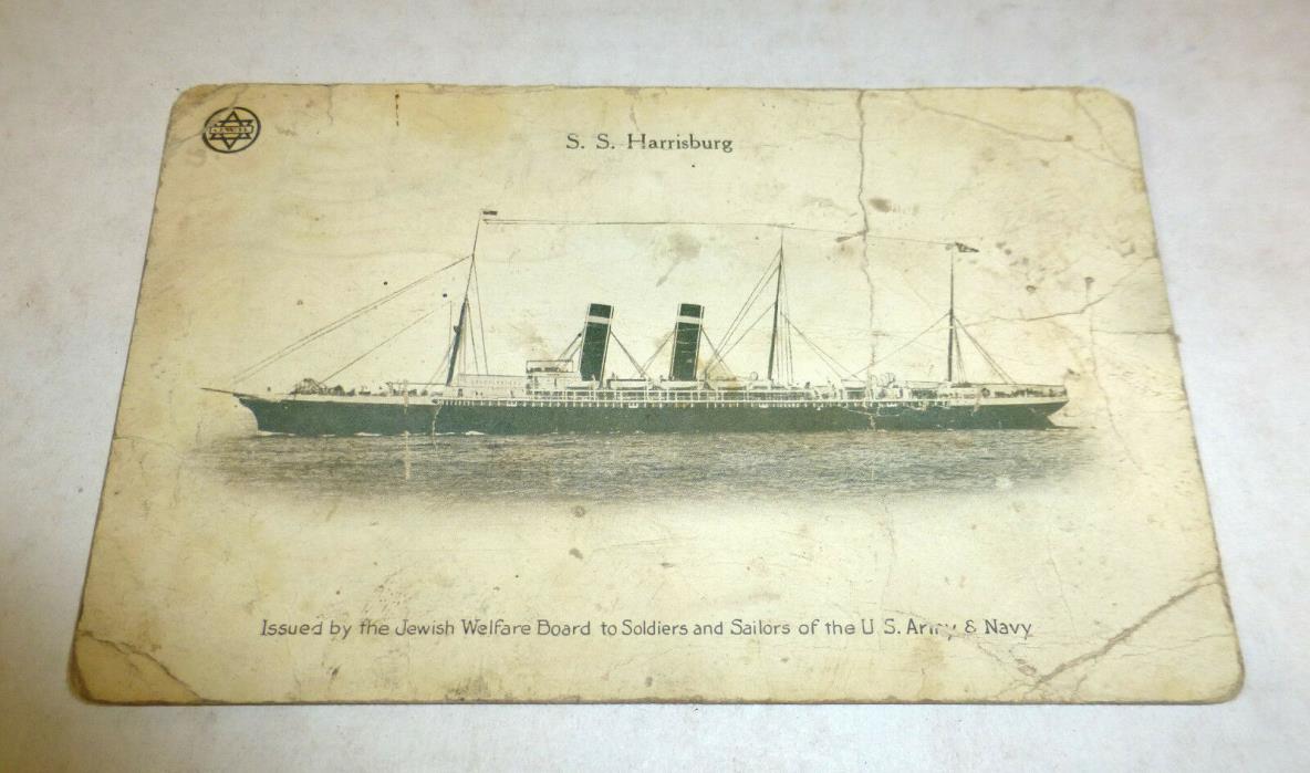S.S. Harrisburg ship postcard 1917-18; WWI Jewish Welfare Board soldier mail