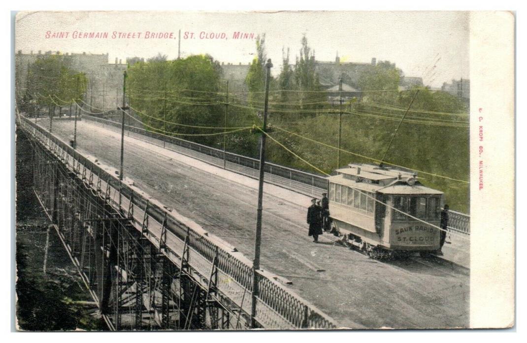1907 Saint Germain St. Bridge w/ Sauk Rapids-St. Cloud Trolley Postcard *1609H