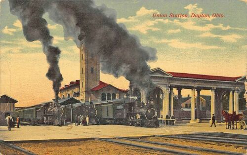 Dayton OH Railroad Station Train Depot Horse & Wagon Postcard