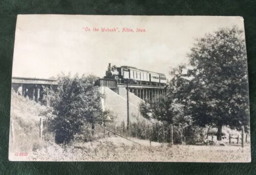 On The Wabash, Albia, Iowa, 1909 RPPC Postcard ~ Train Engine on Railroad Bridge