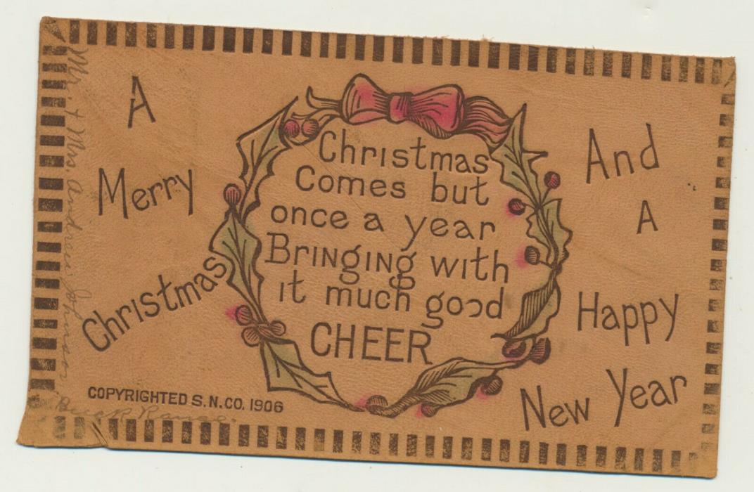 1908 CHRISTMAS LEATHER POSTCARD DPO CANCEL BUCK RANGE ARKANSAS HOWARD COUNTY