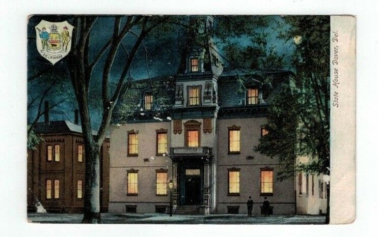 DE Dover Delaware antique post card view of State House at Night