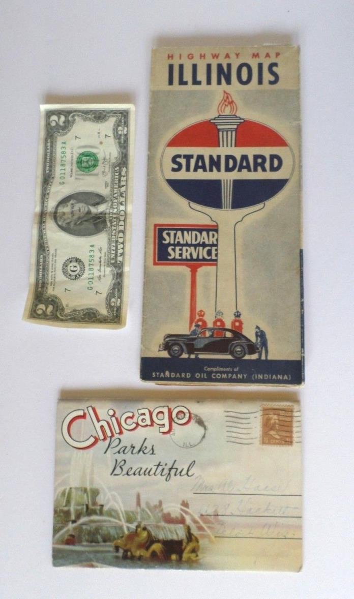 Vintage 1940's Illinois STANDARD Highway Map + 1944 Foldout Postcard Chicago, IL