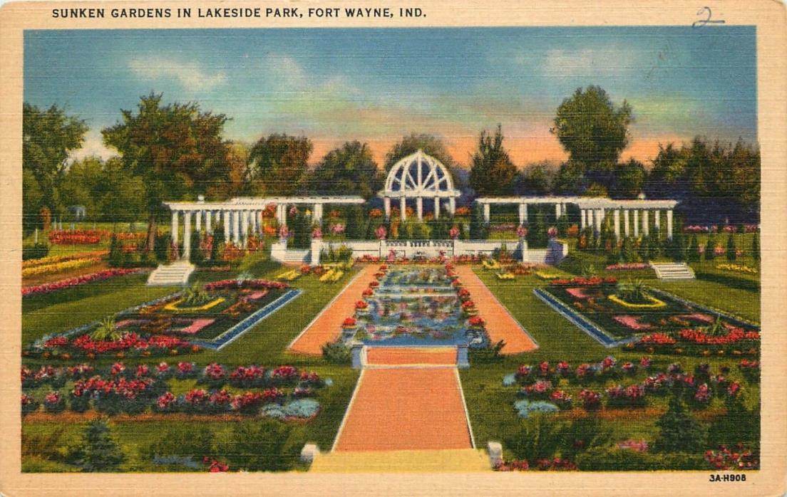 Fort Wayne, IN, Sunken Garden, Lakeside Park, 1933 Linen Vintage Postcard e1105