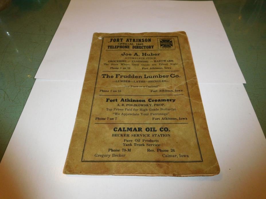 FORT ATKINSON, IOWA--1945-PHONE DIRECTORY-FULL ADV.BUSS.-5 PAGE-AS IS-SOIL SPOTS