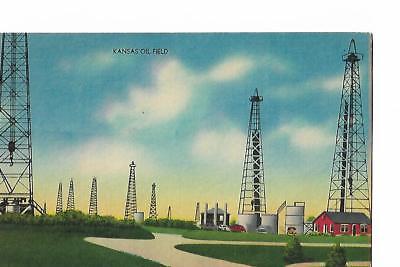 KANSAS OIL FIELD, 1940'S LINEN POST CARD,