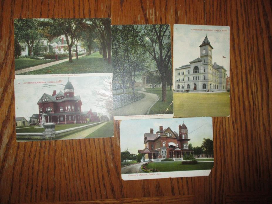 5 Early Postcards, State Capital Governors Mansion Topeka Kansas