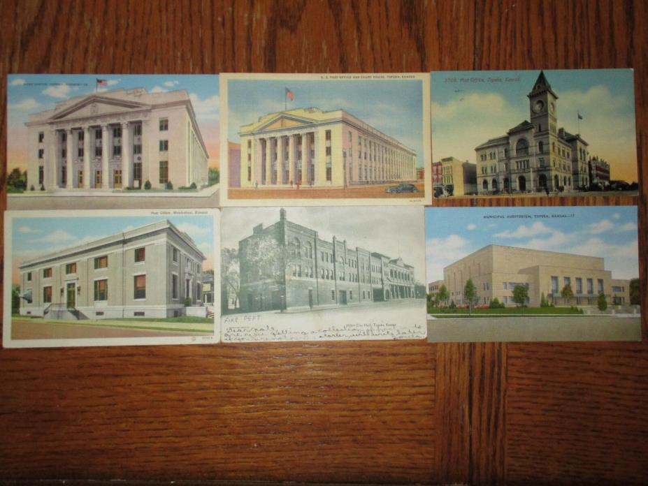 6  Early Postcards U.S. Post Office And Other Buildings Topeka Kansas