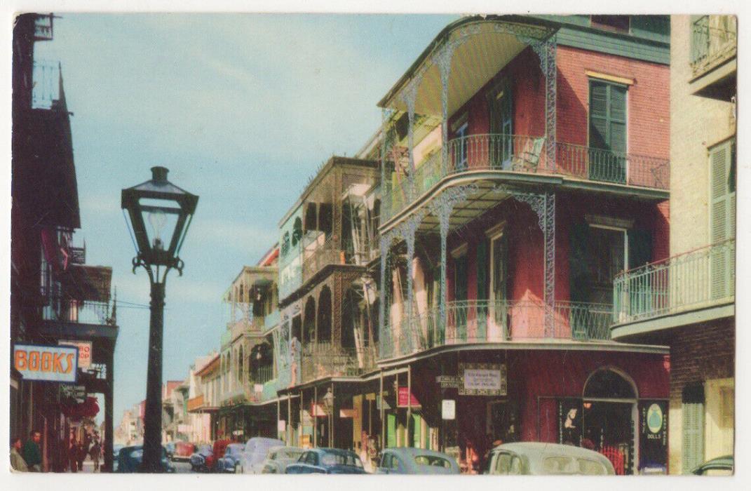 New Orleans Louisiana c1950 Saint Peter Street, Iron Works Balcony, vintage car