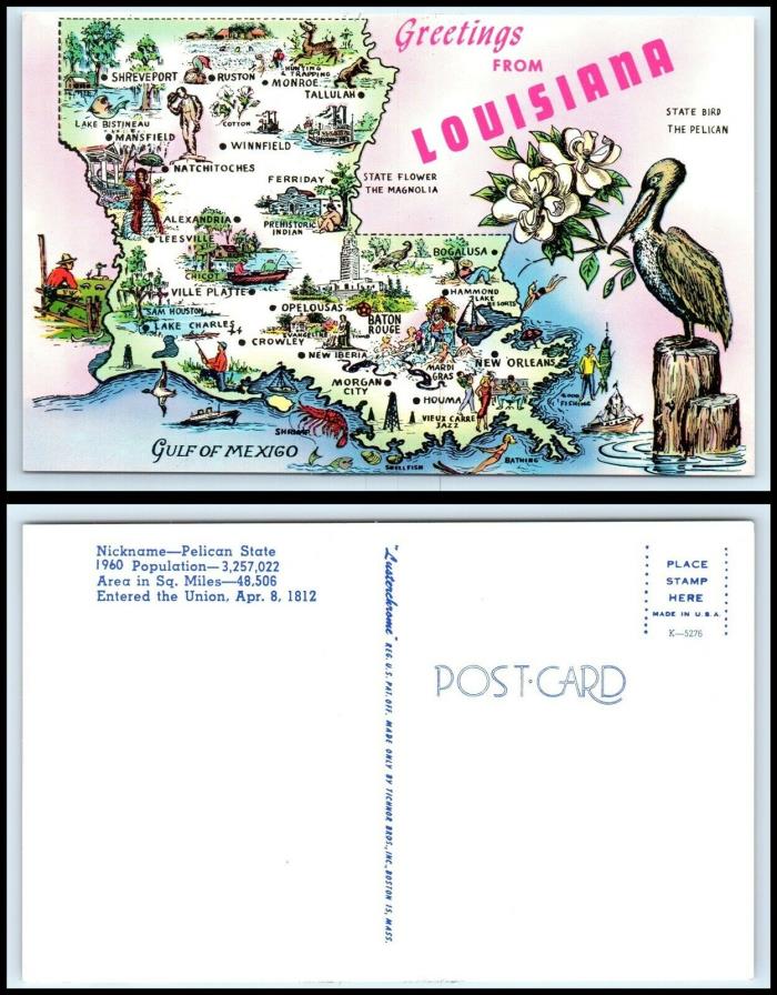 Greetings From LOUISIANA Postcard 1960 Tourist Map, State Bird - Pelican C5