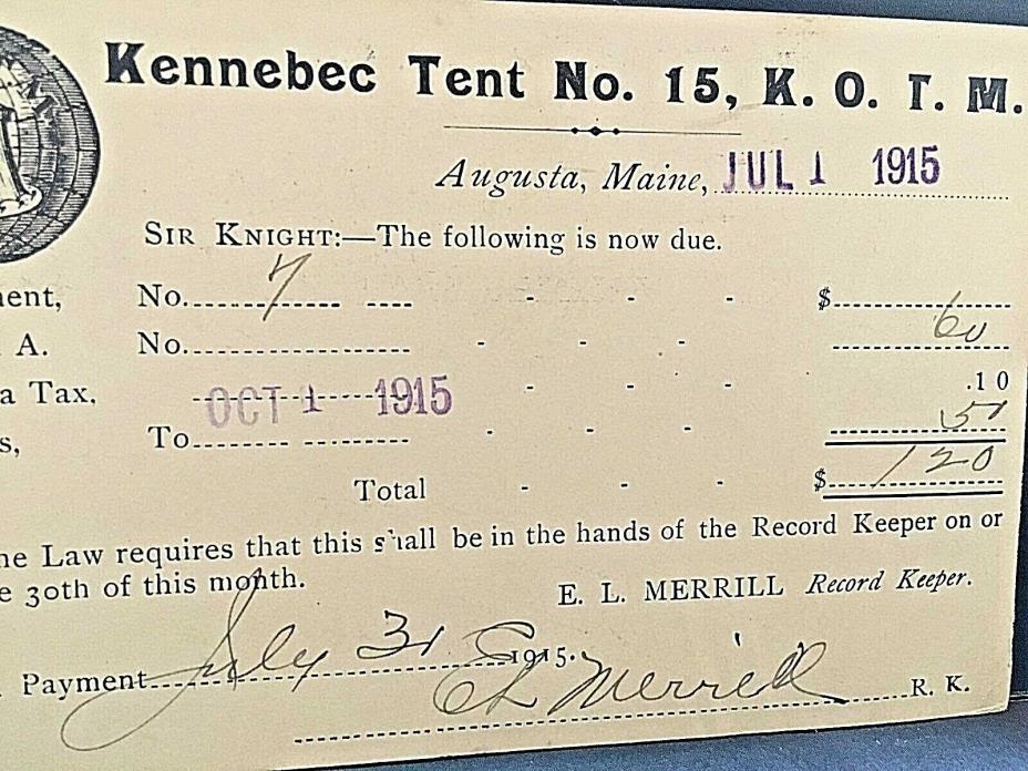 Postcard   1915  Bill for Tent Dues, Kennebec Tent Co., Augusta, ME  W6