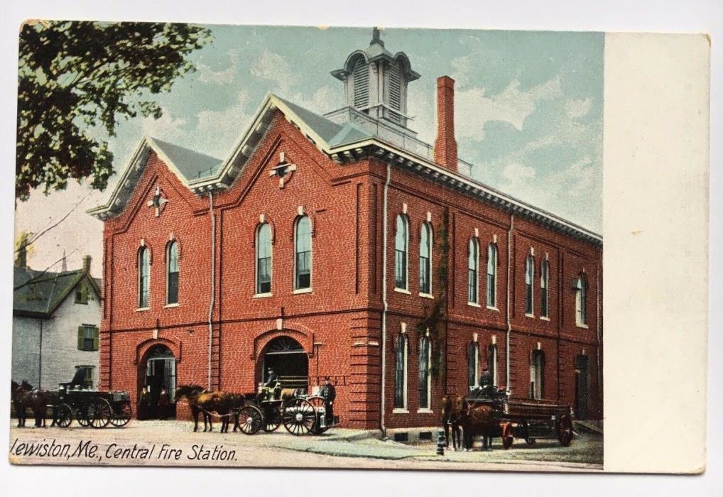 ME Postcard Lewiston Maine Vintage Central Fire Station Department wagons horses