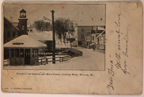 Electric Car Station and Main Street looking West Warren Me Maine litho 1905 UDB