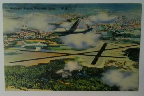 Vintage Linen MASSACHUSETTS Postcard Municipal Airport Worcester MA Airplane