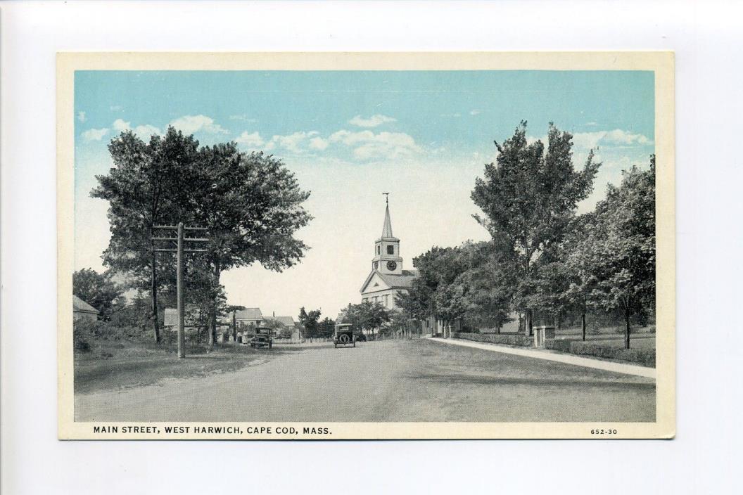 Cape Cod MA West Harwich Main Street view, old cars, church, antique postcard