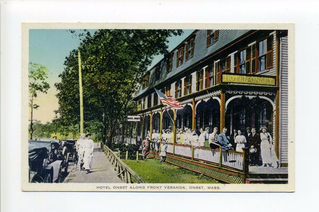 Cape Cod MA Mass Hotel Onset, people, veranda, old cars, antique postcard