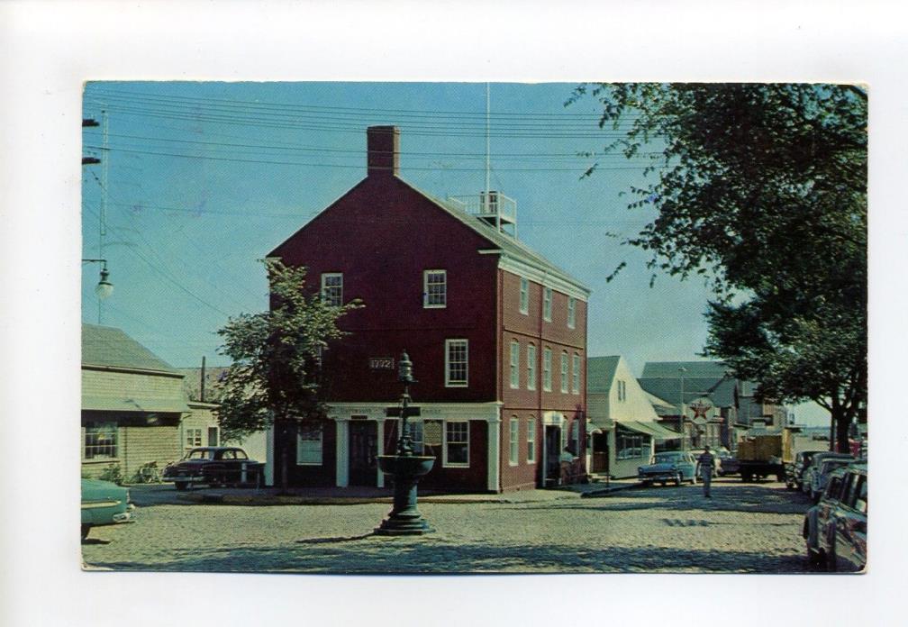 Nantucket MA Mass street view, fountain, old cars, Texaco sign, 1959 postcard