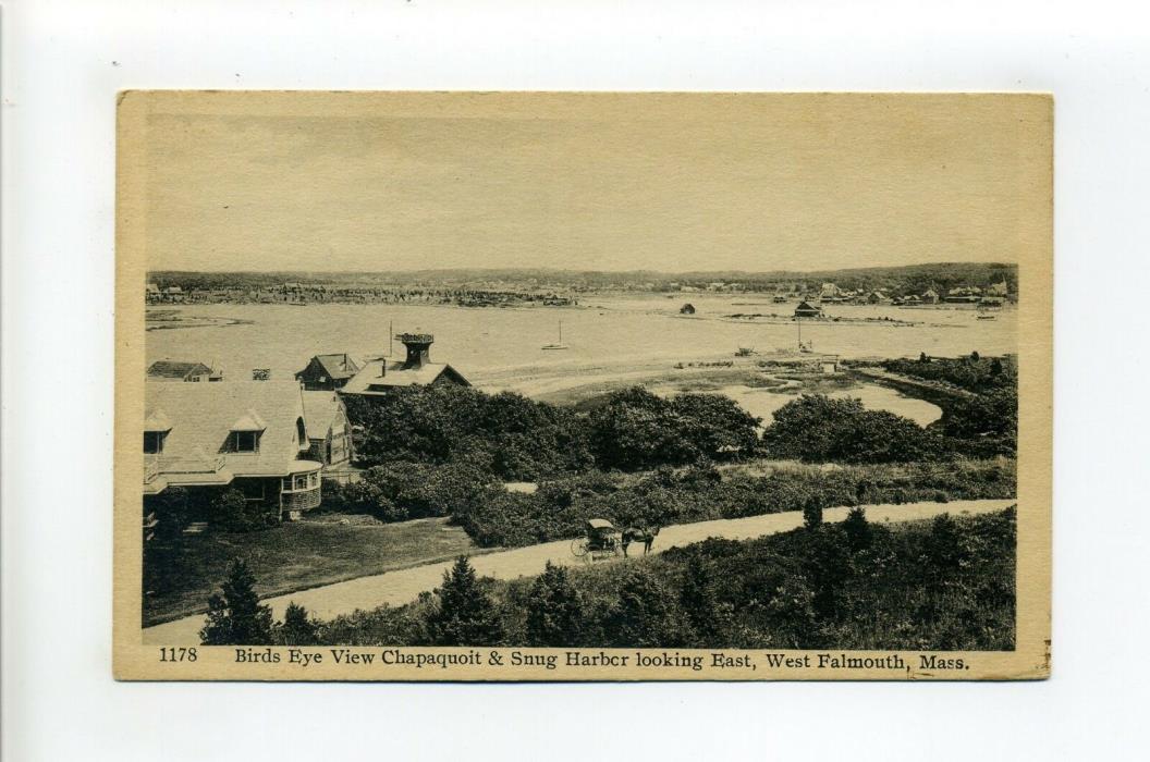 Cape Cod MA Mass antique postcard West Falmouth aerial horse, buggy, street view