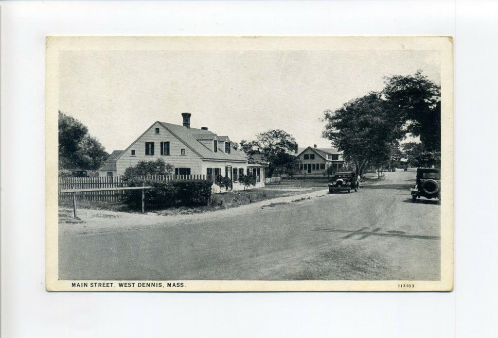 Cape Cod MA West Dennis Main Street view, old cars, homes, 1930 postcard