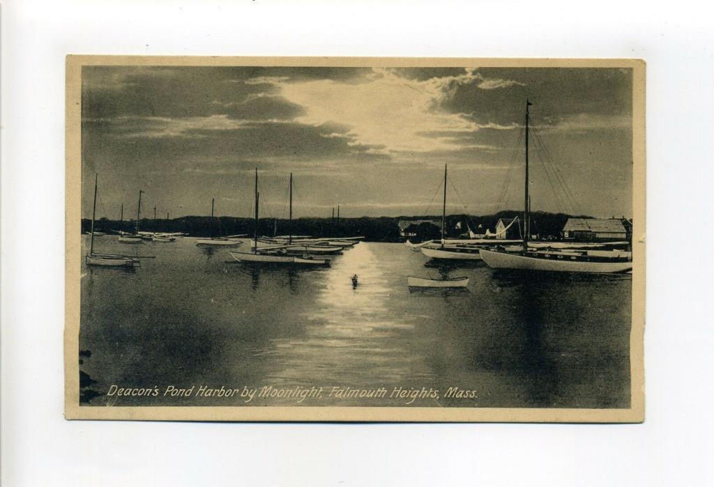 Cape Cod MA Mass antique postcard, Falmouth Heights, Deacon's Pond, Moonlight