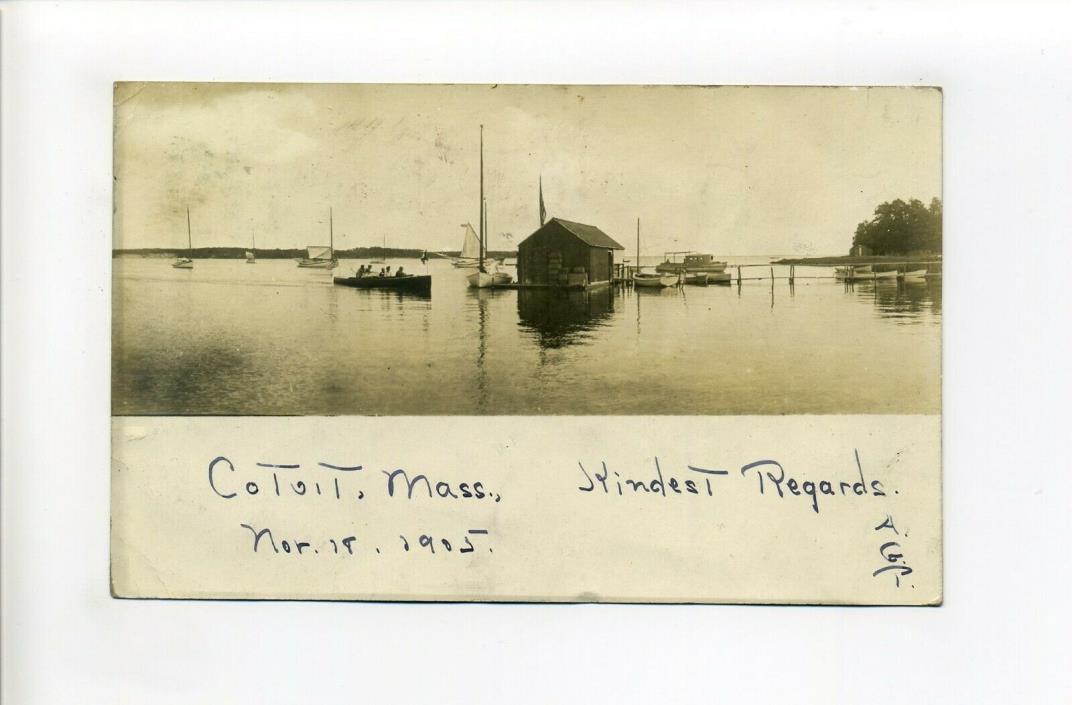 Cape Cod MA Mass RPPC real photo postcard, Cotuit, boat, dock, people, building