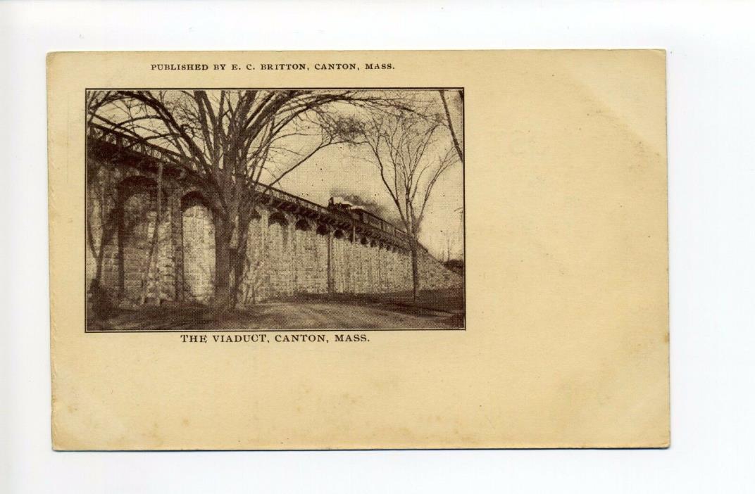 Canton MA Mass steam engine crossing stone railroad viaduct, antique postcard