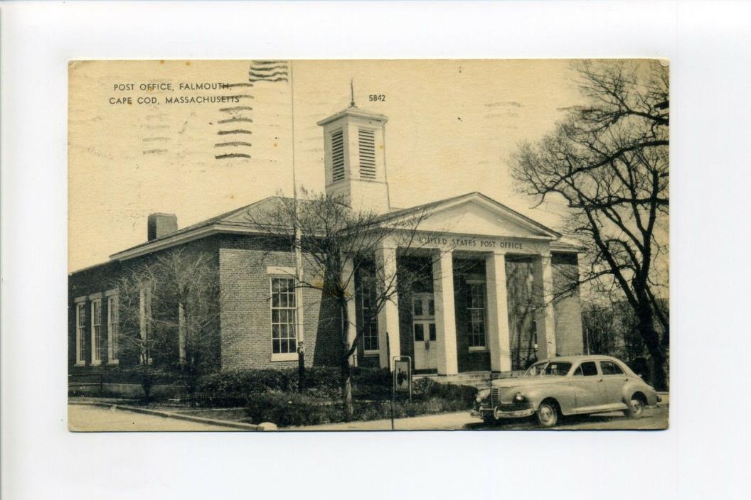 Cape Cod MA Mass old car outside Falmouth Post Office, 1954 vintage postcard