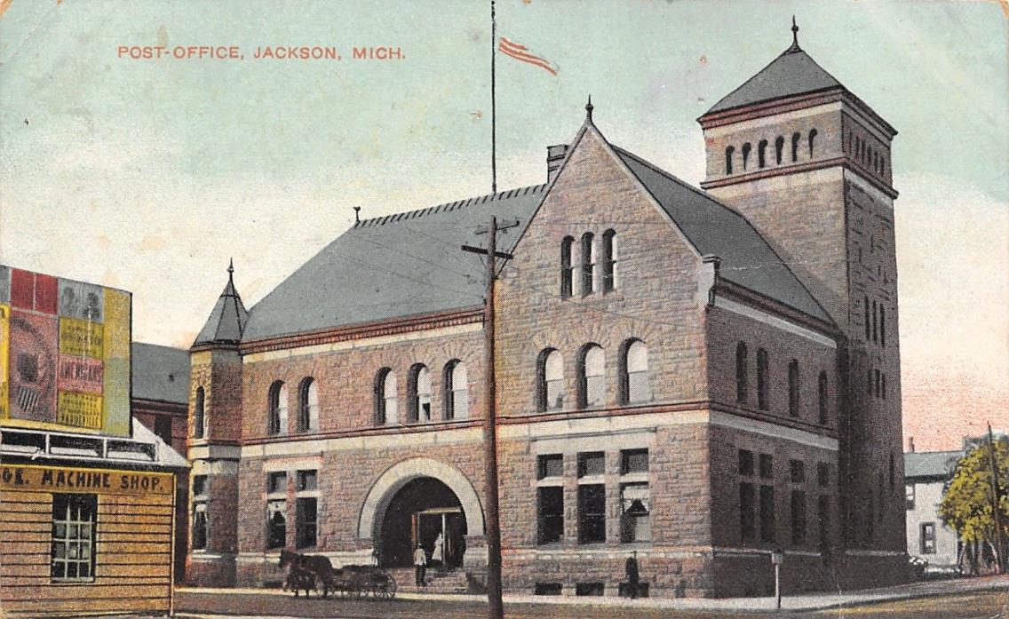 Jackson Michigan~Post Office~OK Machine Shop~Billboards~Horse Wagon~1908 PC