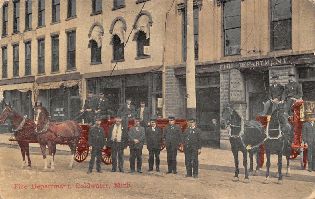 Coldwater MI~Fire Department~Firemen & Horse Drawn Pumper Wagons~Laundry~1913 PC