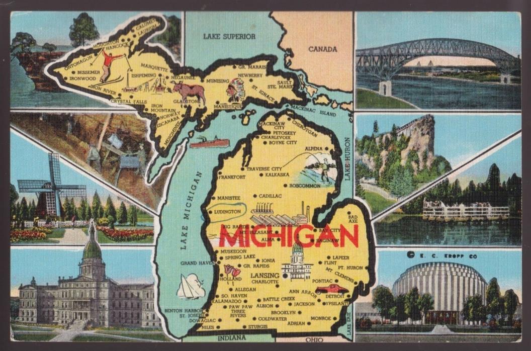 Vintage Linen Postcard - Views of Michigan