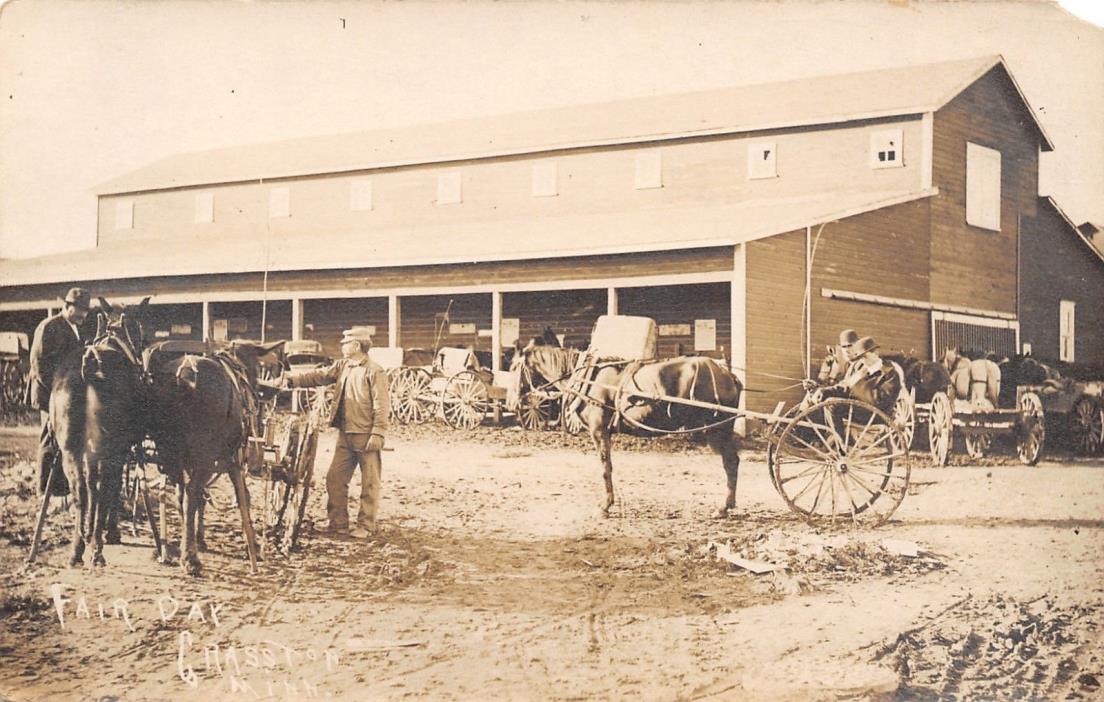 Grasston Minnesota~Fair Day~Men & Horse Wagons at Stables~Big Barn~1912 RPPC