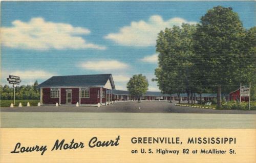 Greenville MS~Lowry Motor Court~McAllister St~Cafe Grill~Steaks~BBQ~1955 Linen